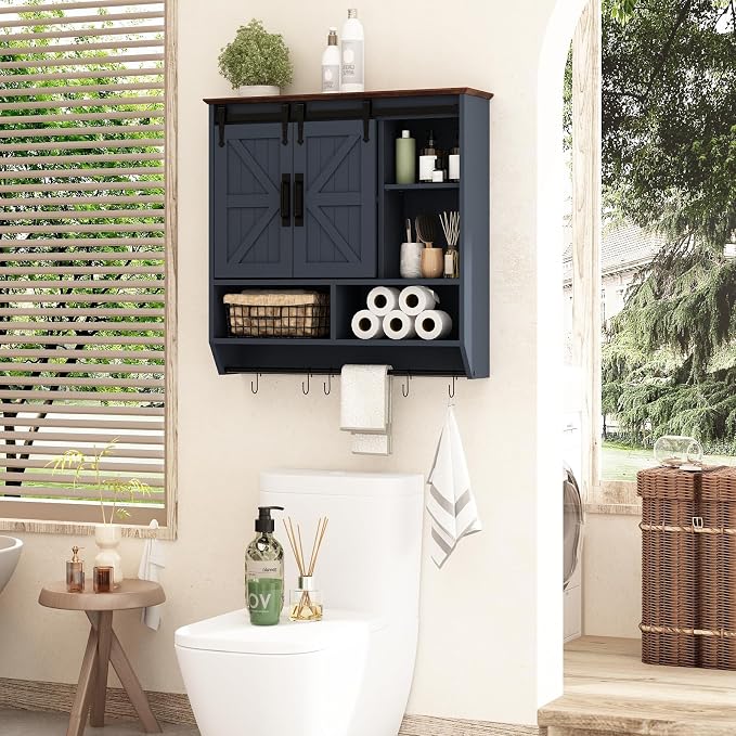 RUSTOWN Farmhouse Bathroom Wall Storage Cabinet with Sliding Barn Doors | 3-Tier, Rustic Wood Wall Mounted Cabinets, Vintage Medicine Cabinet, Adjustable Shelves, Over The Toilet Storage Cabinet