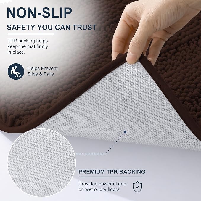 Smiry Thick Chenille Bathroom Runner Rugs 44x24, Absorbent Bath Mat, Brown | Quick‑Dry & Machine Washable, Non‑Slip Bath Carpet, Soft Striped Bath Rugs for Tub & Shower, Modern Home Decor Accessories
