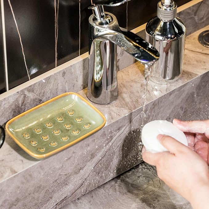 Miamolo Soap Dish for Shower & Bathroom, Floating Point Save Soap Loss | Ceramic Soap Holder Saver, Ideal for Kitchen Countertop | Versatile Tray for Sponges, Trinkets, Brushes, Easy Cleaning, Green