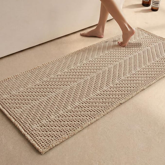 Sunfly Waffle Runner Rug Bathroom, Boho Bath Mat Super Absorbent & Quick Dry, Non-Slip Washable with Tassels, Ultra Soft Farmhouse Long Bathroom Rug 24"x60" Beige
