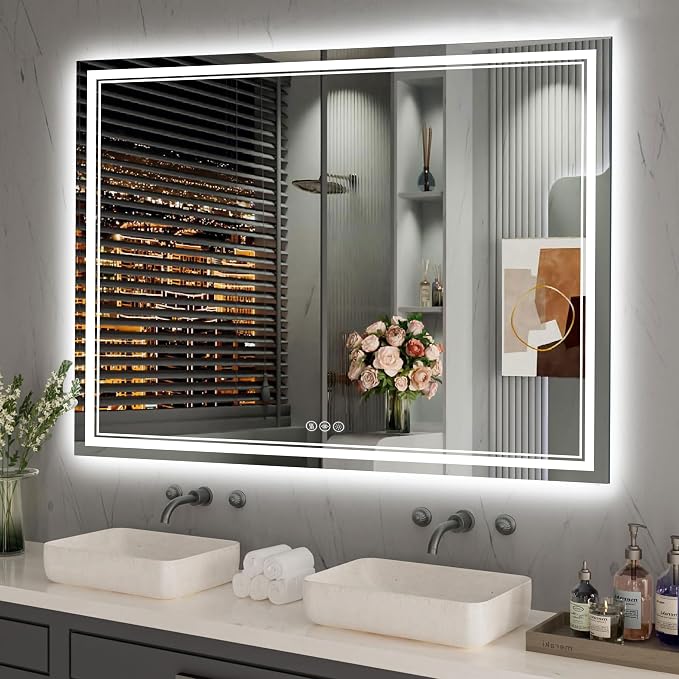 48''x36'' Lighted Mirrors for Bathroom Wall Backlit + Front Lit, Rectangular LED Bathroom Mirror Frameless with Lights Anti Fog, Dimmable, 3 Colors,Tempered Glass, Shatter-Proof (Color 1