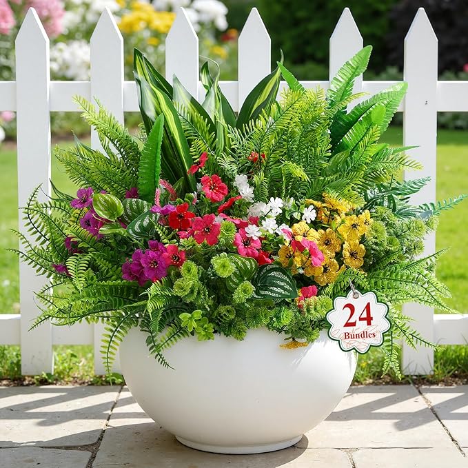 Alupssuc 24 Pcs Artificial Plants Flowers for Outdoors UV Resistant Decor | No Fade Plastic Spring Fake Plants Greenery, For Patio Porch Garden Pathway Home Spring Decor, 4 Colors