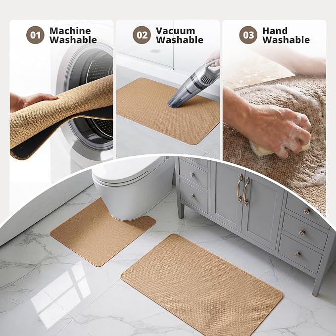 Bathroom Rugs Sets 2 Piece, Thin Bath Mat Absorbent Quick Dry, Machine Washable, Rubber Backing for Non Slip, Low Pile Cozy Cloth Bathroom Rug Set for Tub/Sink/Shower (27"x17" & 36"x24", Khaki)