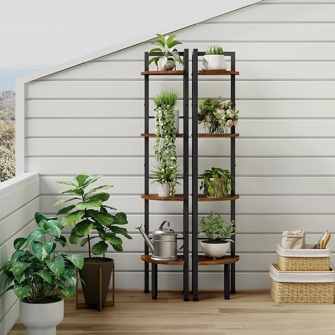 Corner Shelf Stand 4 Tier 48.5" with Metal Frame, Rustic Brown | Industrial Small Corner Shelf Narrow, Multipurpose Tall Corner Bookshelf, Corner Table Bedroom, Living Room, Office, Kitchen