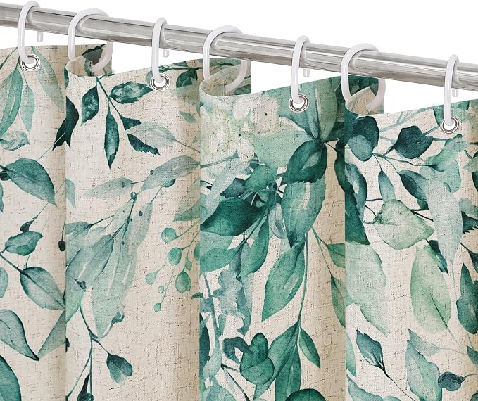 Teal Linen Eucalyptus Shower Curtain, Watercolor Floral, 72x72 | Watercolor Plant Leaves Floral Print, Polyester Linen Blend Bathroom Decor, Machine Washable, Rustproof Grommets