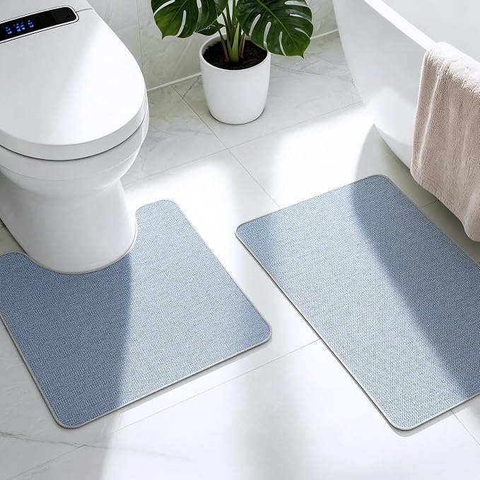 Bathroom Rugs Sets 2 Piece, Thin Bath Mat & U-Shaped Contour Toilet Rug Absorbent Quick Dry, Machine Washable, Non Slip Low Pile Bath Mats for Bathroom/Tub/Sink/Shower (27"x17" Plus 24"x20" U, Blue)