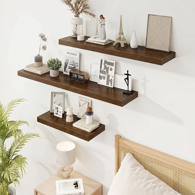 Marsmiles 9.25in Depth 24in Floating Shelves, 24x9.25x1.4, Walnut, Set of 2 | Wall Mounted Engineered Wood Shelves, Invisible Brackets for Living Room, Bedroom, Bathroom, Kitchen Decor and Storage