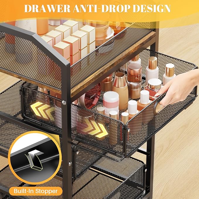 SUNALLY Rolling Makeup Cart with Drawers, Rolling Vanity Nail Cart, Black | 5-Tier Metal Floor Beauty Vanity Organizer, Makeup Storage Cart for Skincare, Cosmetic, Nail Polish Supply, Kitchen, Bathroom