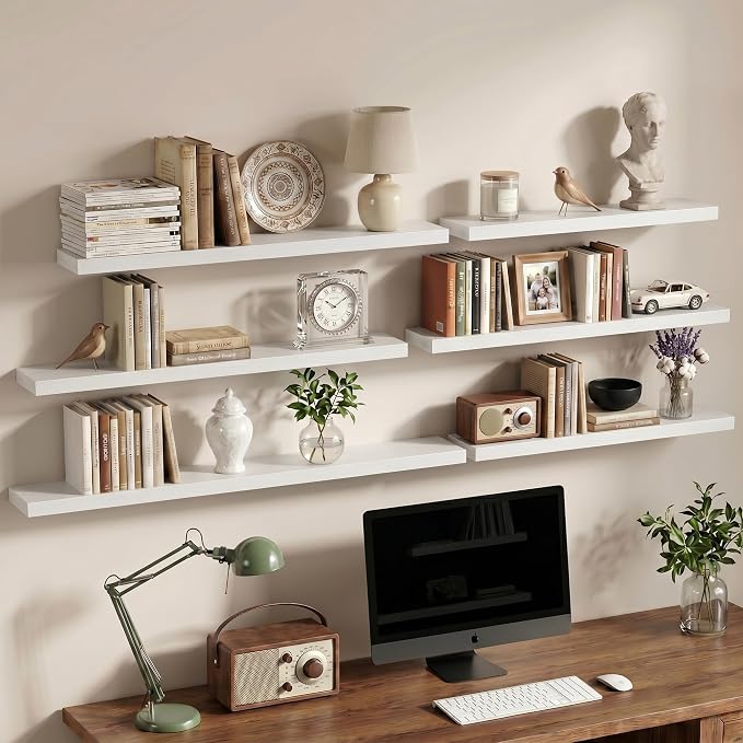 Vivelove 48 Inch Floating Shelves Wall Mounted for Display, 6.5 Deep Duty Shelves with Invisible Brackets for Living Room,Bedroom,Kitchen, Bathroom Storage & Decor,48" Wx6.5 Dx1.4 H - White