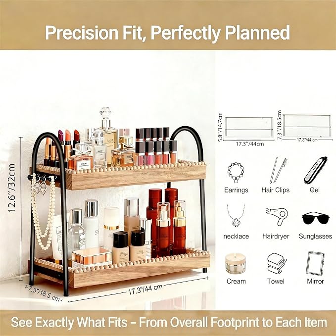 Bathroom Vanity Organizer Countertop 2-Tier Waterproof 20+ Bottles 8 Hooks | Tall space large perfume/skincare bottles, vanity/bathroom/dresser, paulownia wood, hooks keep jewelry neat, non-slip base