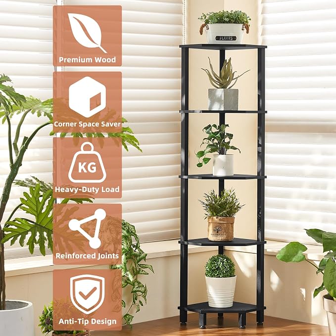 YUFAM 5-Tier Corner Shelf, Black | Wooden Corner Bookshelf for Small Spaces, Corner Standing Shelf with Sturdy 5-Leg Base