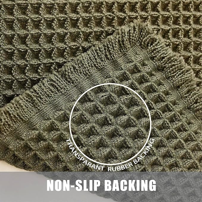 Set of 2 Waffle Bathroom Rugs, Non Slip Absorbent Waffle Knit Bath Mat for Shower Floor, Tub and Bathroom Door, Ultra Soft Quick Dry, Olive Green, 17"x24"+18"x30"