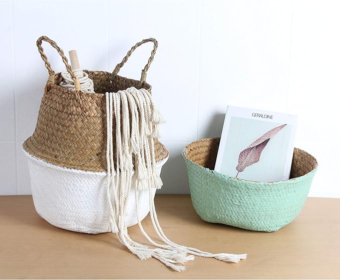 Woven Seagrass Belly Basket for Storage, Laundry, Picnic, Plant Pot Cover, and Grocery and Toy Storage (Large, White)