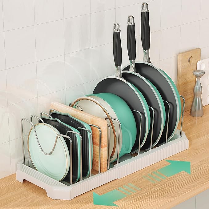 Expandable Pan Organizers Inside Cabinet with 10 Dividers White | Extends 12.9-21.9", Holds cookie sheets, cutting boards, pot lids and pans, iron dividers, plastic base, under cabinet rack