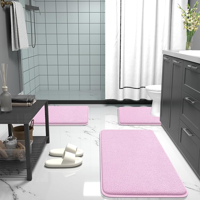OLANLY Thick Memory Foam Bathroom Rugs 30x20, Soft Absorbent Bath Mat, Pink | Quick Dry Bath Rugs, Non-Slip Carpet, Machine Washable Mats for Bathroom Floor, Tub and Shower, Home Decor Accessories