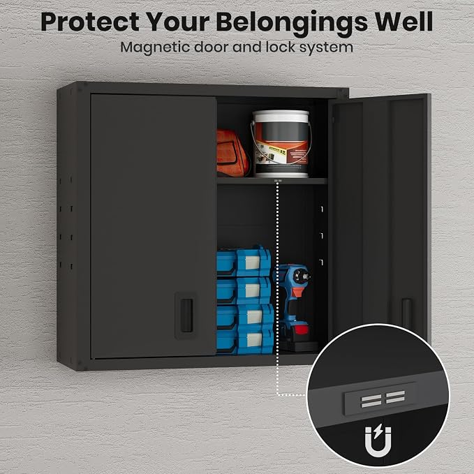 30 Inch Metal Wall Cabinet, Metal Wall Cabinet for Garage, 2pcs,Black | Wall Mount Cabinet with Lock and Adjustable Shelf, Lockable Storage Cabinet for Home Office,Garage,Gym,School
