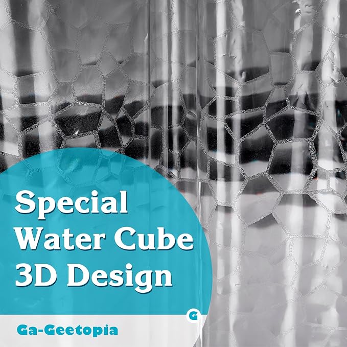 Ga-Geetopia Thin 3D EVA Shower Curtain Liner Water Cube, 72x72 Premium Light Weight Clear Plastic Bathroom Shower Curtain with Rustproof Metal Grommets 3 Magnets for Shower Stall, Bathtubs(No Hooks)