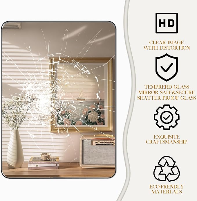 Black Bathroom Mirror 50x30 Inch, Wall Mounted Vanity Mirror with Metal Frame, Tempered Glass, Large Modern Farmhouse Wall Mirror for Bathroom, Horizontal or Vertical Hanging