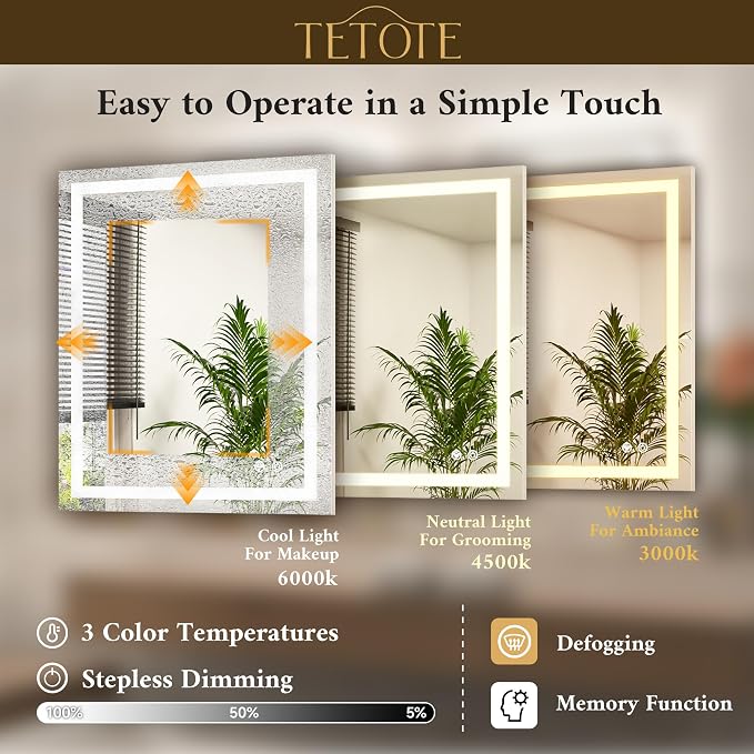 60 x 36 LED Lighted Bathroom Mirror with Lights Wall Mounted, Brighter Front and Backlit Light up Mirror, 3-Color Dimmable Lighted Anti Fog Mirror, Waterproof, Shatterproof Tempered Glass