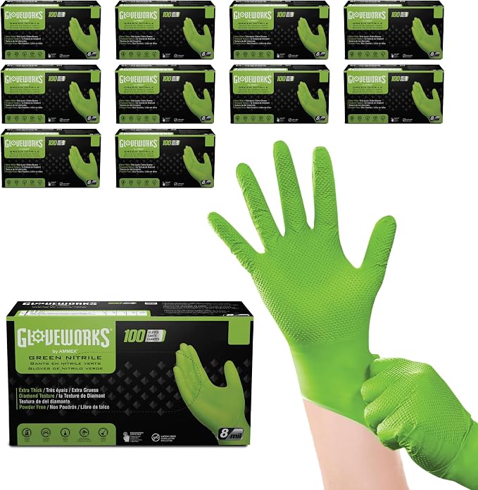 GLOVEWORKS Green Nitrile Gloves 8 Mil Heavy Duty Texture Chemical Resistant | Mechanic and Cleaning Gloves, Suitable for Heavy Duty Industrial Use, Chemical Resistant, HIgh-Visibility Color, Bulk Options