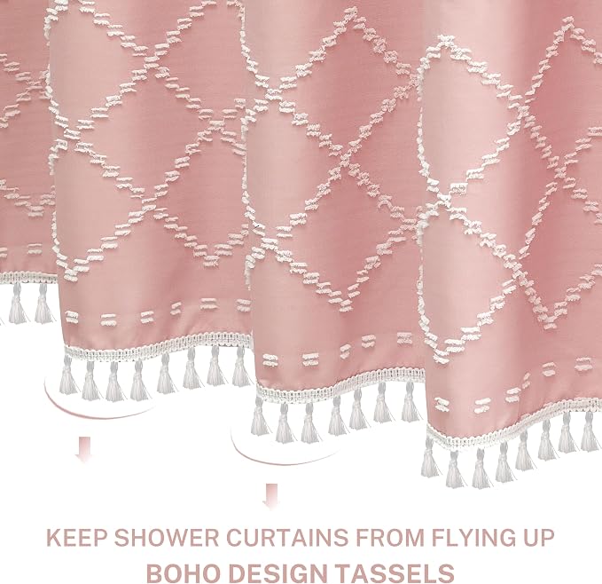 Siiluminisoy Extra Long Boho Pink Shower Curtain with Tassels 72 x 84, Tufted Chevron Striped Chenille Woven Fabric Cloth Shower Curtain Modern Farmhouse Minimalist, Shabby Chic Textured for Bathroom