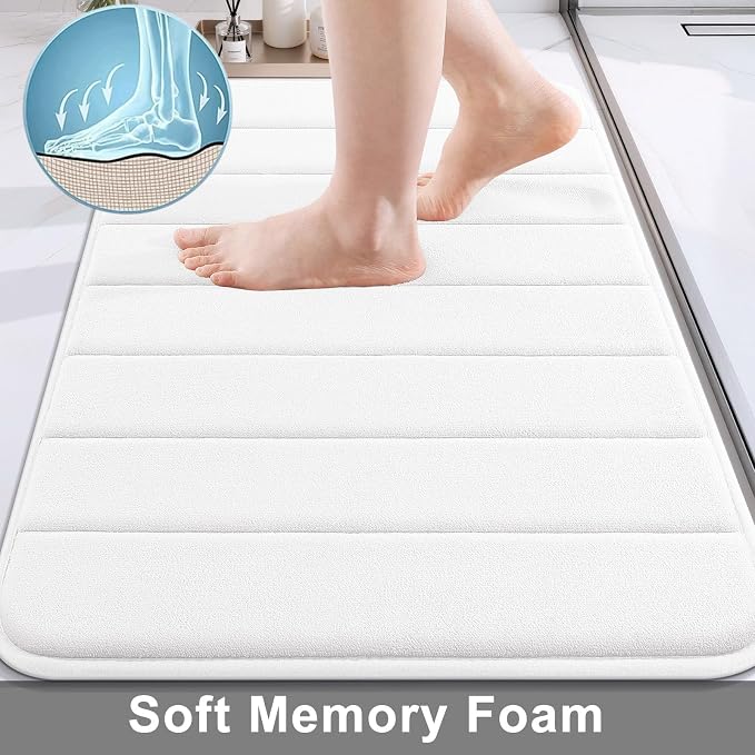 Buganda Memory Foam Bath Mat 55 x 24, Ultra Soft Absorbent Bathroom Rugs | White, Machine Washable Quick Dry Bath Mats for Bathroom Floor, Shower and Tub, Home Decor Accessories