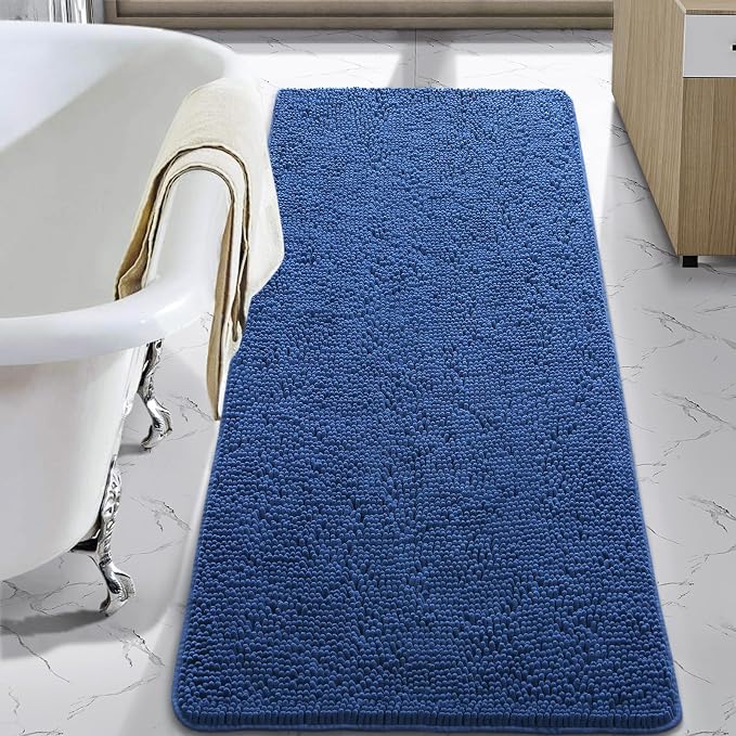 LOCHAS Luxury Bathroom Rug Shaggy Bath Mat 24 x 70 Inch, Blue | Washable Non Slip Bath Rugs for Bathroom Shower, Soft Plush Chenille Absorbent Carpets