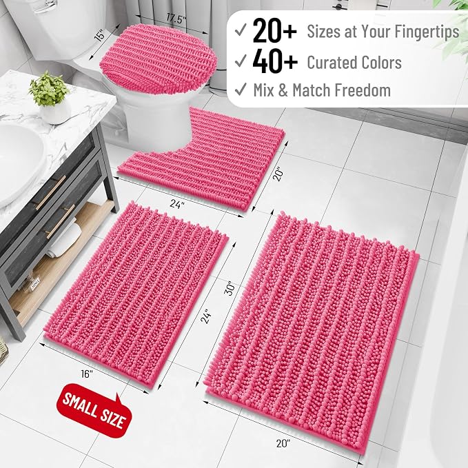 Arotive Bathroom Rugs Mat 47x24, Soft Absorbent Chenille Shaggy Bath Mat | Deep Pink, Machine Wash Dry, Bath Rugs for Bathroom Floor, Tub and Shower, Home Decor Accessories