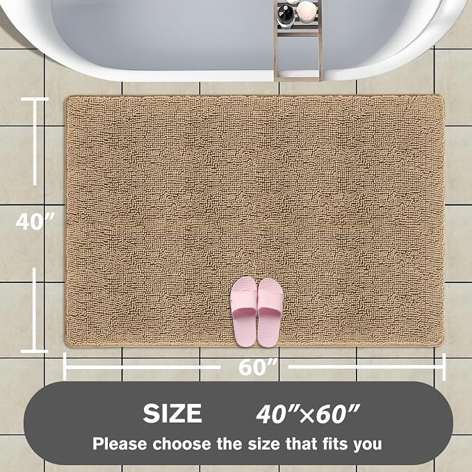 Bathroom Rugs 40 x 60 Inch – Extra Large Bath Mat | Absorbent and Washable Thick Chenille Bath Rugs Non-Slip Runner Rug for Bathroom, Shower, Tub(Beige)