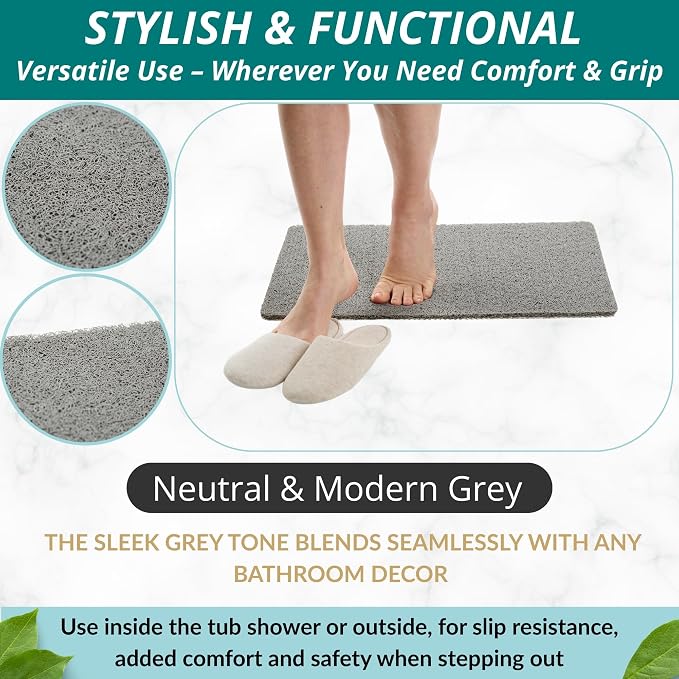 ENKOSI Loofah Non-Slip Shower and Bath Mat - Soft Cushioned Comfort - No Suction Cups for Smooth or Textured Tubs - Fast Draining - Safety for Bathroom, Family, Kids, and Elderly 24x16 (Grey)