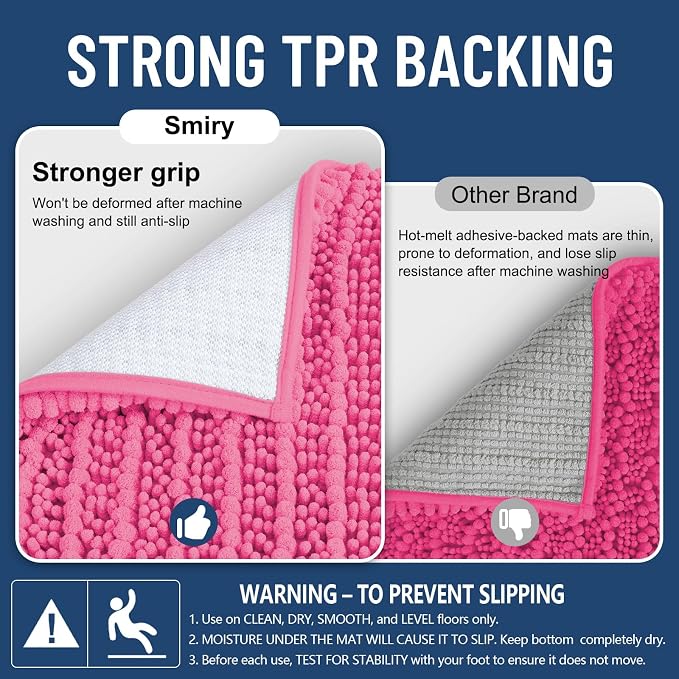 Smiry Bathroom Rugs 44X24, Extra Soft Rubber Backing Chenille Bath Mats | Hot Pink Machine Washable Non Slip Quick Dry Bath Mats for Bathroom Floor, Tub, Shower, Home Decor Accessories