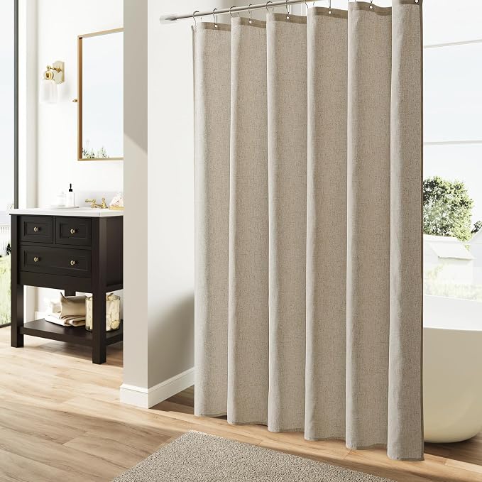 Linen Shower Curtain 80 Inch Long for Bathroom Boho Farmhouse Fabric Shower Curtains Set with Hooks Neutral Cloth Modern Cottage Core Waterproof,Cobblestone