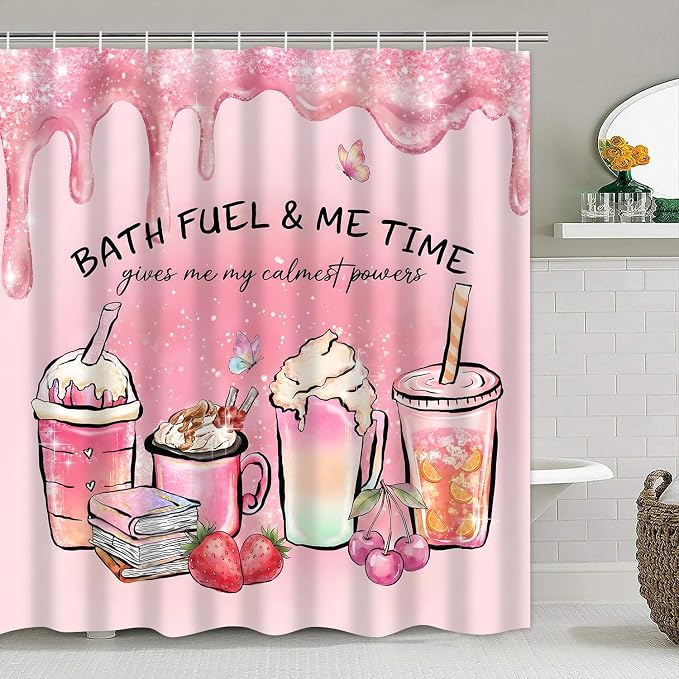 LQCOOL Pink Shower Curtain Set with Rugs,Waterproof Bathroom Sets Pink Shower Curtain with 12 Hooks for Bathroom Decor,Toilet Lid Cover & U-Shaped Mat | Sweet and Pink,Waterproof Polyester & Soft Flannel.12 Hooks, Toilet Lid Cover & U-Shaped Mat for Mo...