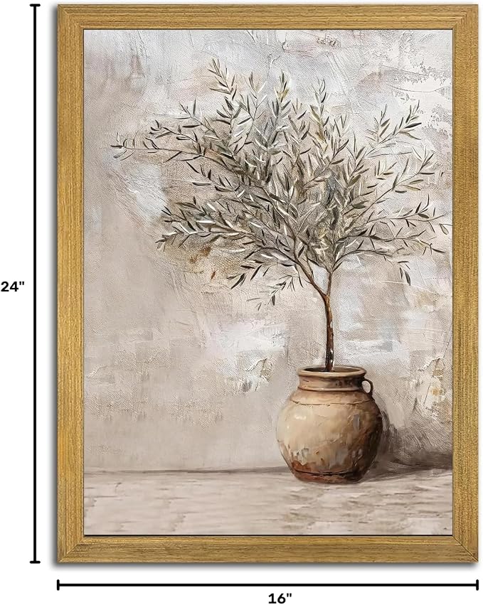 Vintage Olive Tree Canvas Wall Art, Farmhouse Aesthetic Oil Painting, Rustic Potted Plant Wall Decor, Neutral Botanical Print Artwork Picture for Living Room Kitchen Home Decor 16x24 Inch Framed