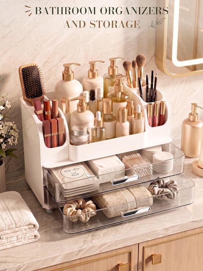 Large Makeup Organizer Countertop for Vanity Skincare Organizers | Bathroom Organizers and Storage with Brushes Holders, Waterproof Cosmetic Organizer for Perfumes Lipsticks Nail Polish, White