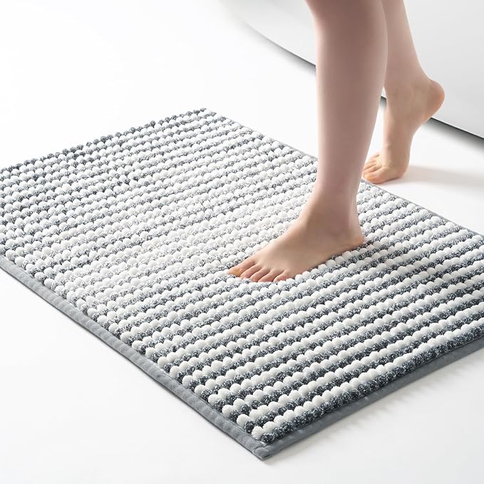 FRESHMINT Chunky Ombre Chenille Bathroom Rug, Gray & White, 24"x36" | Water Absorbent, Soft Bath Rugs for Bathroom Floor, Thick Non Slip, Washable Quick Dry