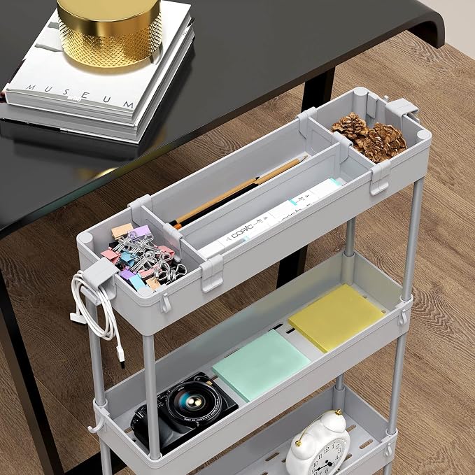 Slim Storage Cart 4 Tier,Bathroom Organizer Rolling Utility,Mobile Shelving Unit Slide Out for Office, Kitchen, Laundry Room & Narrow Places,Gray