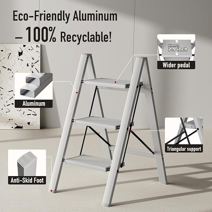 Mayi Plus 3 Step Stool Foldable, Aluminum, Lightweight Step Ladder | Extra-wide anti-slip folding steps with 330 lbs, for home,kitchen,office,outdoor,Grey
