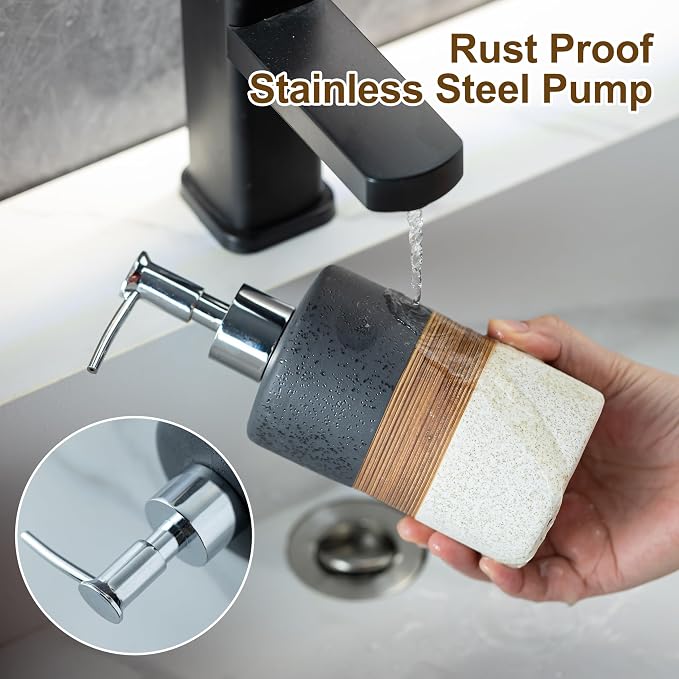 Ceramic Dish Soap Dispensers Set of 2 for Kitchen and Bathroom | Hand Soap and Lotion Dispenser Set, Shampoo and Conditioner Bottles | with Stainless Steel Pump, Silicone Funnel, Tray, Black