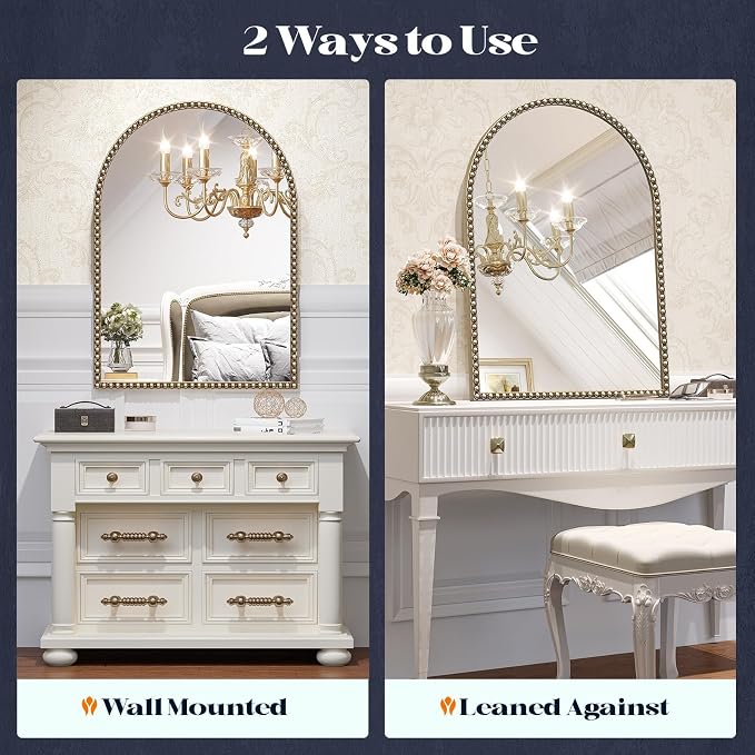Arched Beaded Mirror, 28"x36" Champagne Bronze Mirror for Bathroom | Gold Arched Vanity Wall Mirrors with Brass Antique Metal Frame for Over Sink,Entryway,Bedroom,Living Room Fireplace Mantel