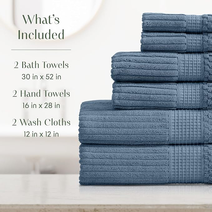 100% Cotton Bath Towel Set | 6-Piece Set | Textured | Ocean | Absorbent & Quick-Dry Bathroom Towels | Textured and Durable Cotton Towels for Bathroom | OEKO-TEX | Krista Collection