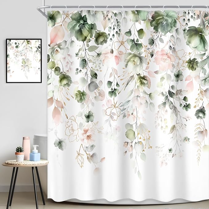 Summer Green Pink Floral Spring Eucalyptus Bathroom Shower Curtain Set | 60"W x 72"L Flower Leaves look, waterproof HD printed shower curtain, quick-dry fabric and free hooks.