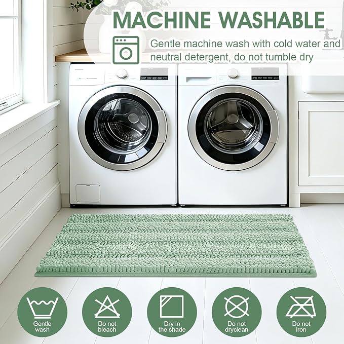 Christmas Striped Sage Green Toilet Bathroom Rug Mat Set 2 piece Rug Ultra Soft, Non Slip Chenille Bath Rugs, Absorbent Plush Shaggy Bath Mats for Bathroom, Bedroom, Kitchen, Shower, Tub