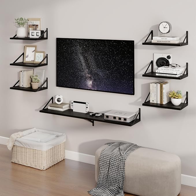 30 Inch Floating Shelves, 10 Inch Deep Black Wall Shelves Set of 2 | 30'' x 10'' Rustic Wood Shelves with Heavy Duty Brackets, Deep Shelves for Bathroom, Living Room, Engineered Wood, 40LBS