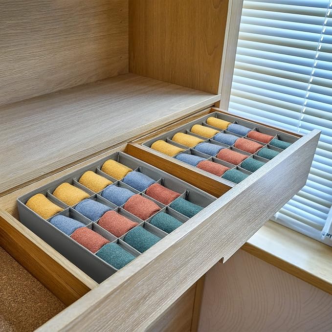 joyoldelf Sock Drawer Organizer Divider Underwear Organizer 16-cell Fabric Dresser Drawer Organizers Storage Boxes for Socks Lingerie, Handkerchiefs, Ties (Grey)