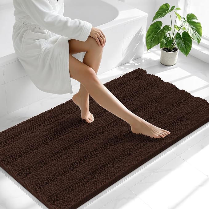 Smiry Thick Chenille Bathroom Runner Rugs 59x20, Absorbent Bath Mat, Brown | Quick‑Dry & Machine Washable, Non‑Slip Bath Carpet, Soft Striped Bath Rugs for Tub & Shower, Modern Home Decor Accessories