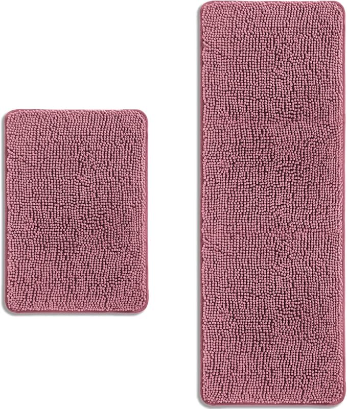 Bathroom Rugs Sets 2 Piece – Absorbent and Washable Bath Mat, Non-Slip, Thick Soft Chenille Bath Rugs for Bathroom Floor, Shower, Sink(17" x 24"+17" x 47", Dusty Rose)
