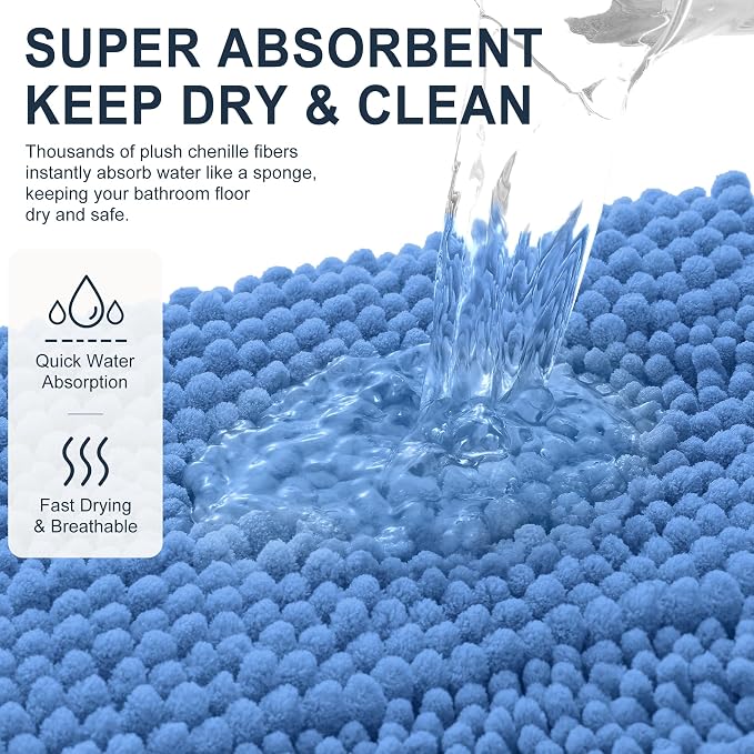 Smiry Thick Chenille Bathroom Runner Rugs 47x17, Bath Mat, Cornflower Blue | Quick‑Dry & Machine Washable, Non‑Slip Bath Carpet, Soft Striped Bath Rugs for Tub & Shower, Modern Home Decor Accessories