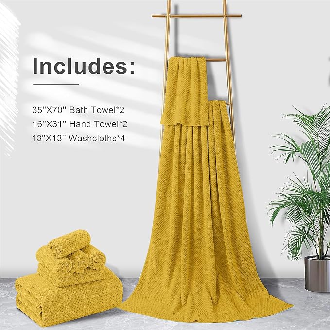 8-Piece Bath Towel Set, 2 Extra Large Bath Towel Sheets, 2 Hand Towels and 4 Washcloths - Highly Absorbent Quick Dry Microfiber,Ultra Soft Towel Set for Bathroom Waffle Weave, Pack of 8 (Sweet Yellow)