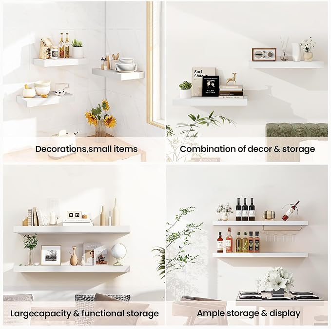 Vivelove Floating Shelves 9 inch Deep 16”Long Set of 2, White | Easy Install With Hardware, 1.5" Thick, Invisible Brackets, Wall Mounted, No Sagging, For Any Room